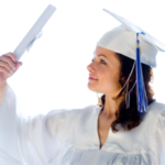 Female student wearing graduation robes and mortar board.