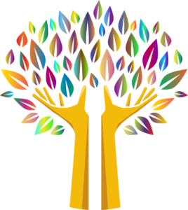 two hands forming a tree with multi-colored leaves