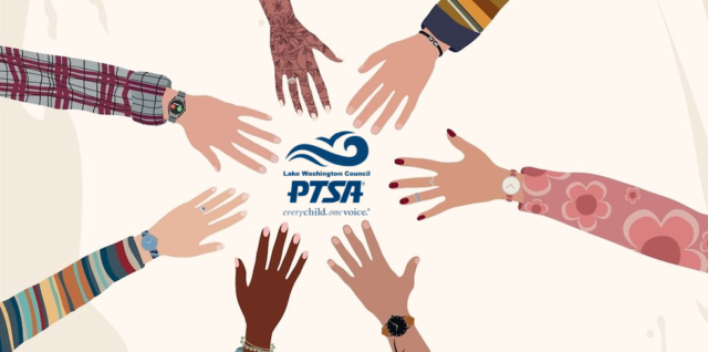 Seven arms reaching toward the LWPTSA Council logo in the center with outstretched hands