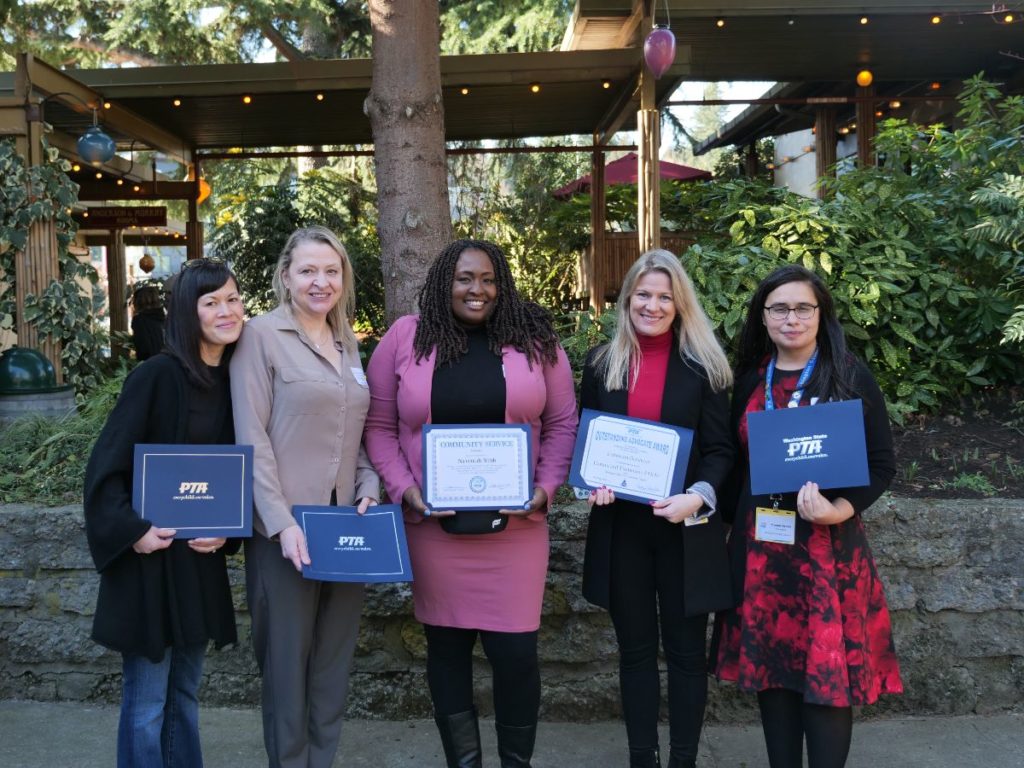 2023 LWPTSA Council Award Winners (L to R): Manda Mangrai (Certificate of Special Service); Megan Selitrennikoff (Community Service Award); Na'eemah Webb (Community Service Award); Lubomira Batshoun (Outstanding Advocate Award); and Yumna Green (Golden Acorn Award). Not pictured: Michele Teske (Outstanding Educator Award)