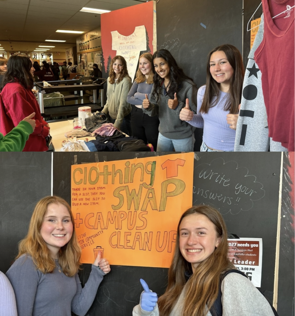 Photographs of Eastlake High School's April 2023 Clothing Swap, conducted in partnership between the PTSA and the student environmental club. Smiling high school students stand behind a table of donated clothing.