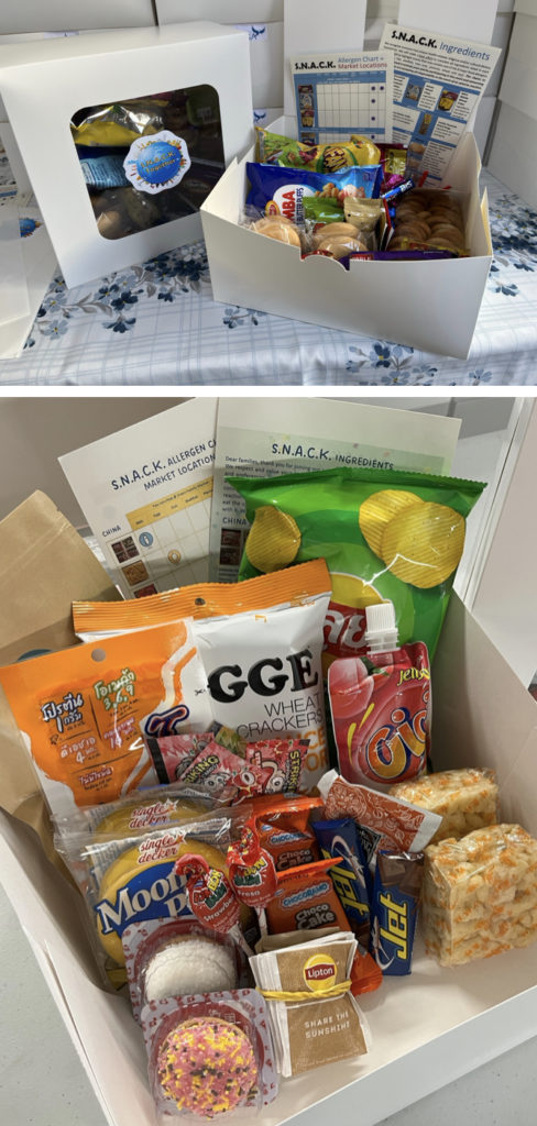 Photos of Peter Kirk PTSA's SNACK Together boxes, including snacks and drinks from international cultures packaged along with paper inserts with descriptions of each item to follow along with during the live virtual event.