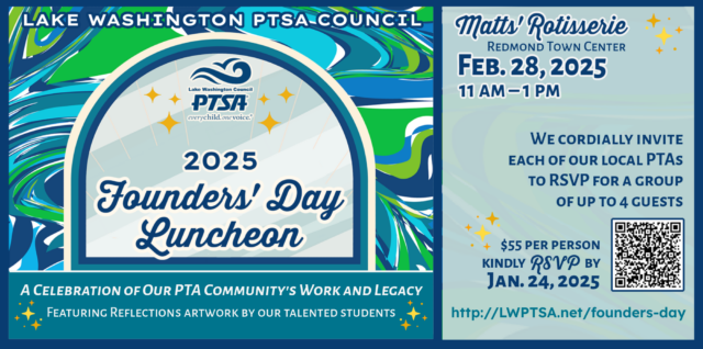 LWPTSA Council cordially invites each of our local PTAs to RSVP for a group of up to 4 guests for our 2025 Founders' Day Luncheon! Feb. 28, 2025, from 11 am to 1 pm, at Matts' Rotisserie. RSVP at http://LWPTSA.net/founders-day