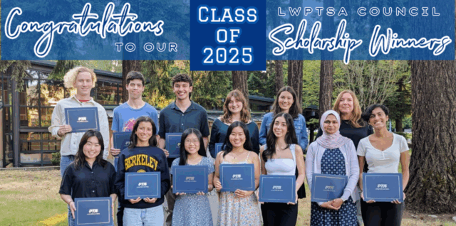 Congratulations, 2025 LWPTSA Council Scholarship Winners! Thirteen recipients of our 2024-25 scholarship program pose outside with their certificates.